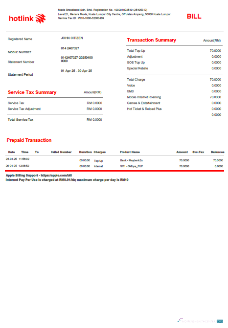 download download Malaysia Hotlink utility bill template in Word and PDF formats PDF template PDF template